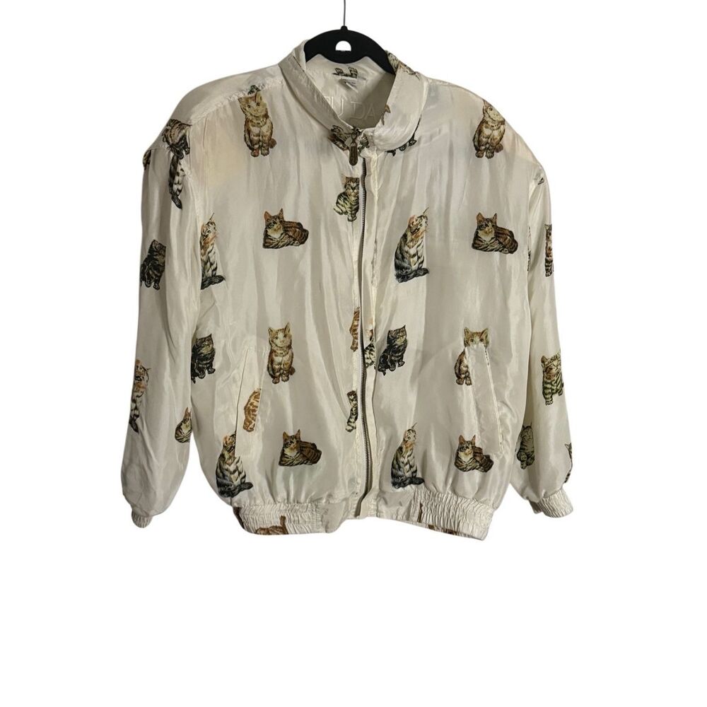 Vintage Fuda International Womens Cat Print Silk Full Zip Bomber Jacket Ivory PM